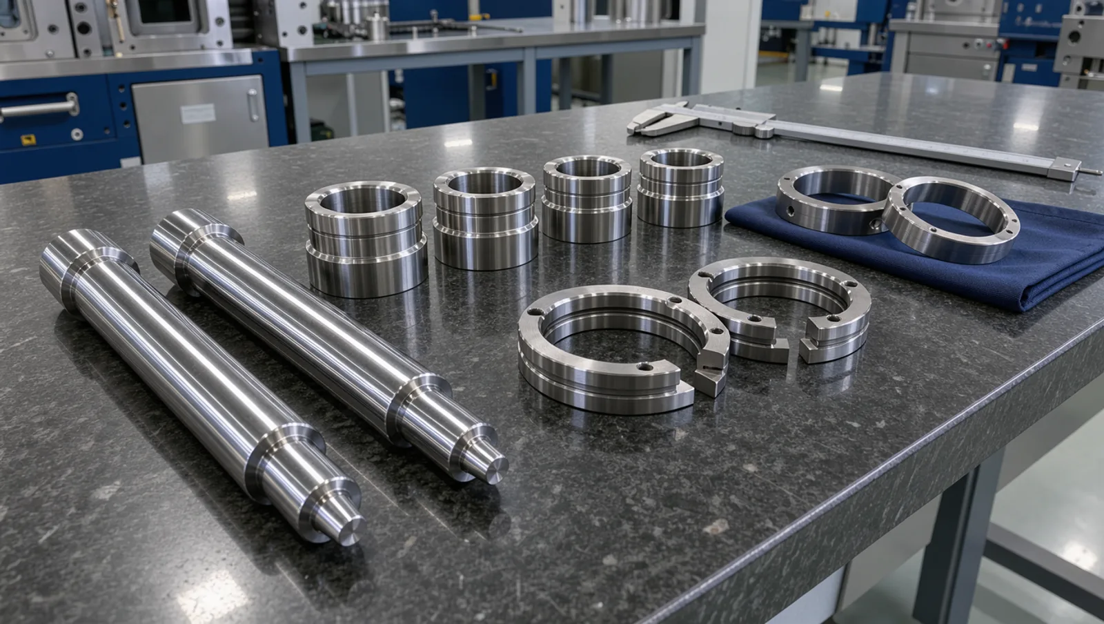 Replacement preform mold parts — cores, cavity inserts, neck rings and lock rings — on a granite inspection table