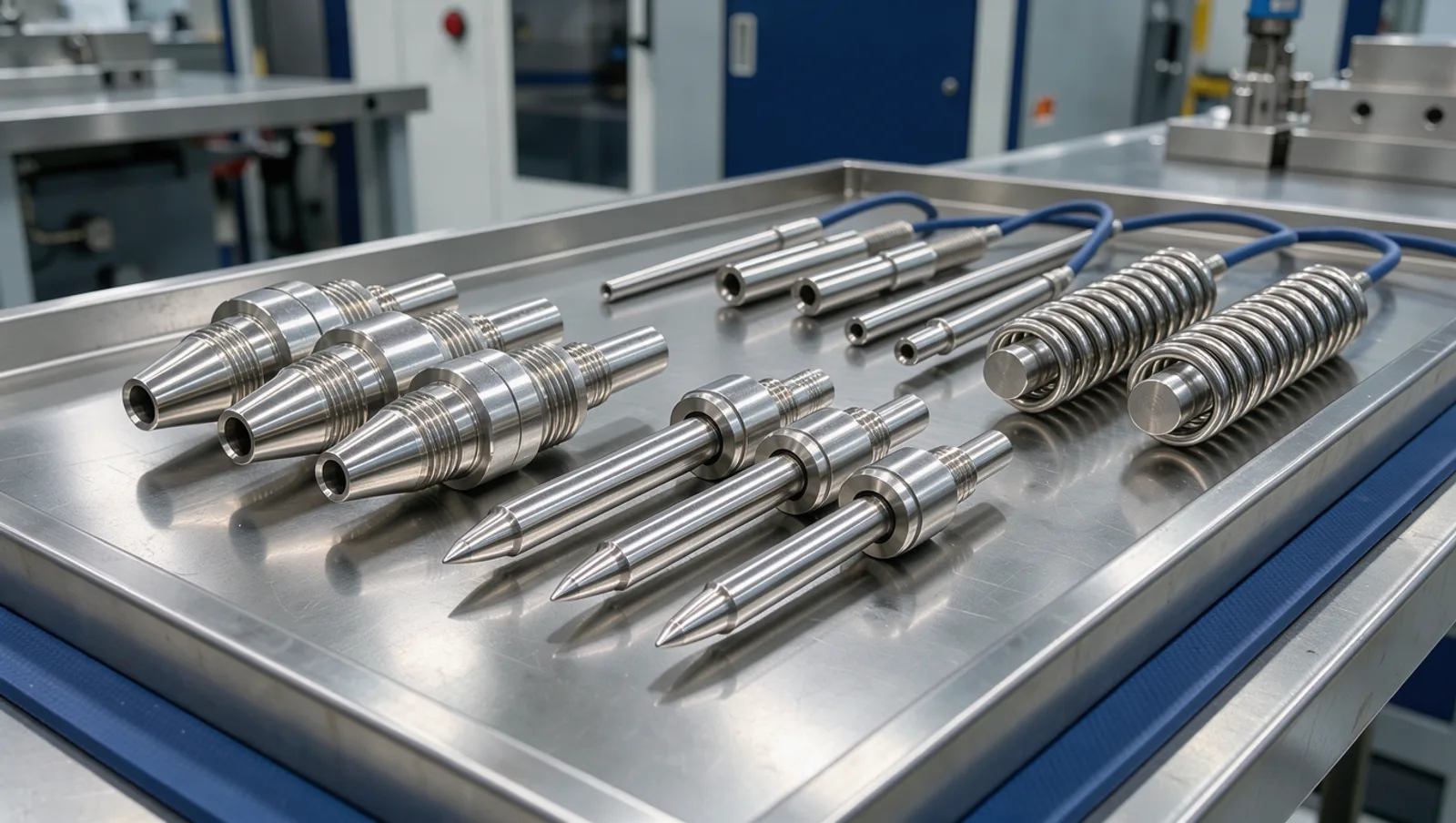 Hot runner nozzle tips, valve pins and coil heaters arranged on a steel tray
