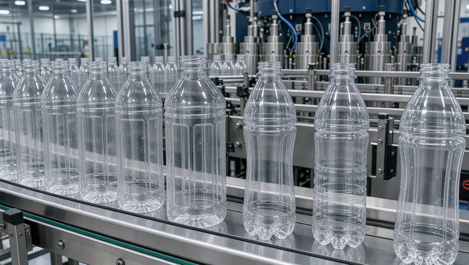 Clear PET bottles on a conveyor after stretch blow molding, including a hot fill bottle with vacuum panels