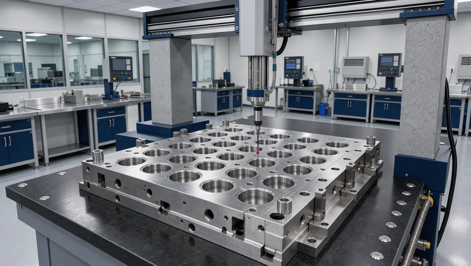 Coordinate measuring machine probe inspecting a machined mold plate with a grid of cavity bores