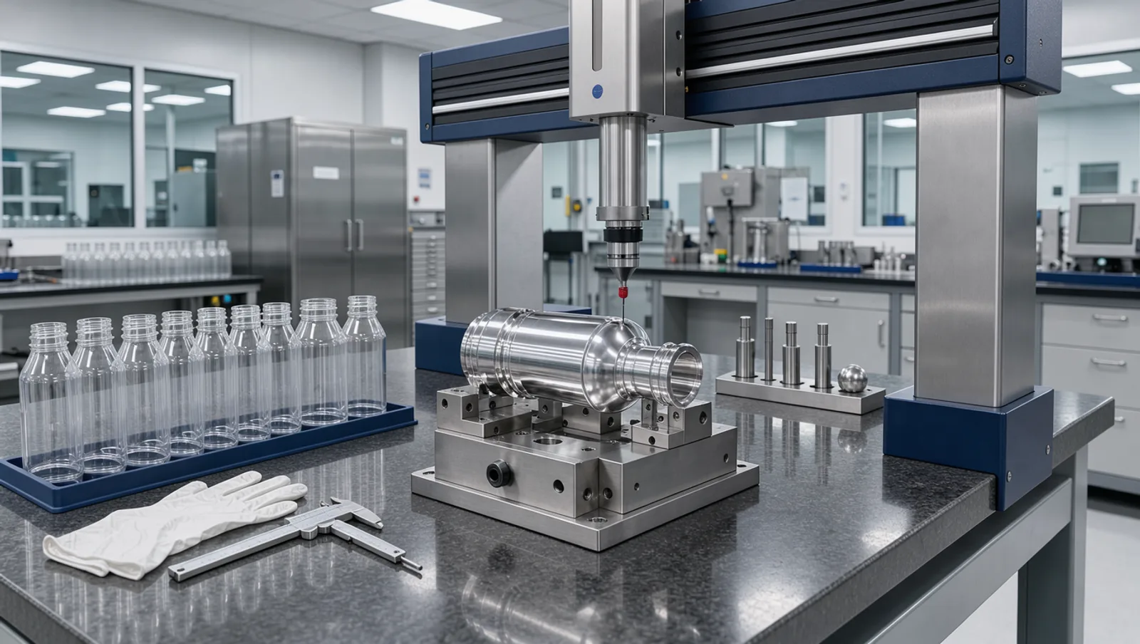 Coordinate measuring machine probe checking a polished mold insert next to a row of clear PET bottles in a metrology lab