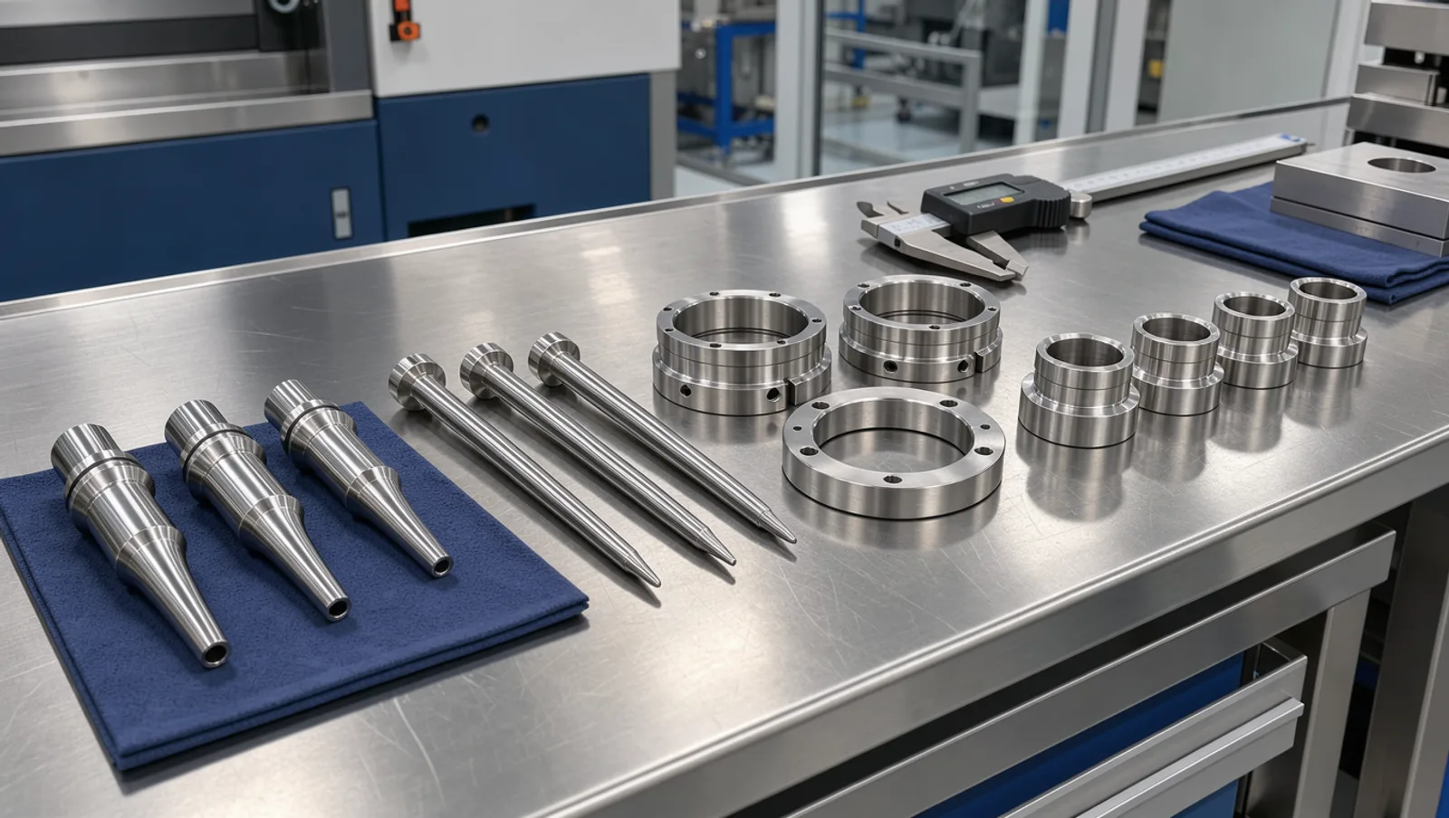 Replacement mold components laid out on a steel bench: nozzle tips, valve pins and ring inserts beside a digital caliper