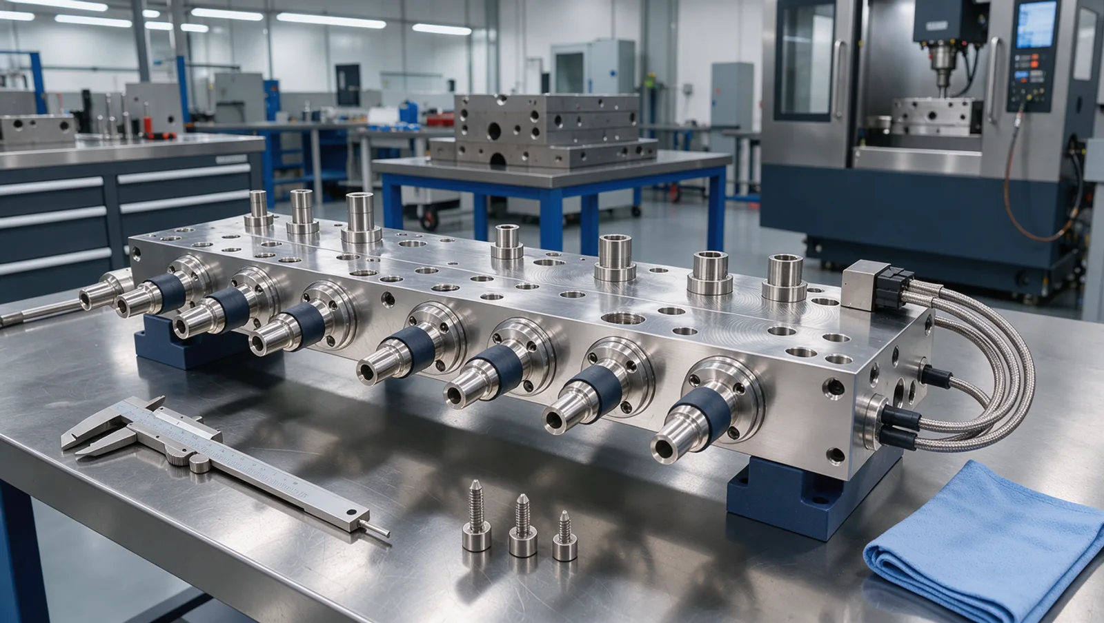 Polished hot runner manifold with valve gate nozzles and heater bands on a workshop bench