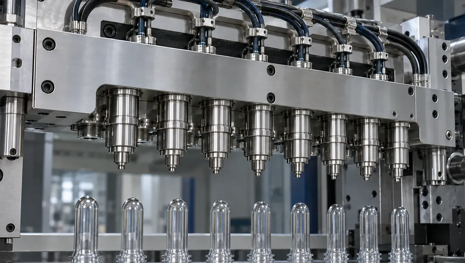 Illustrative PET injection hot runner manifold with valve-gate nozzles