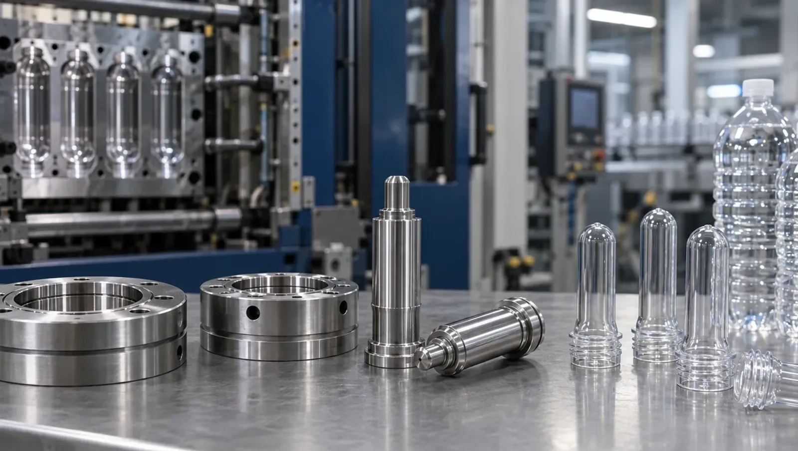 Illustrative replacement neck rings and cores beside preforms and bottles
