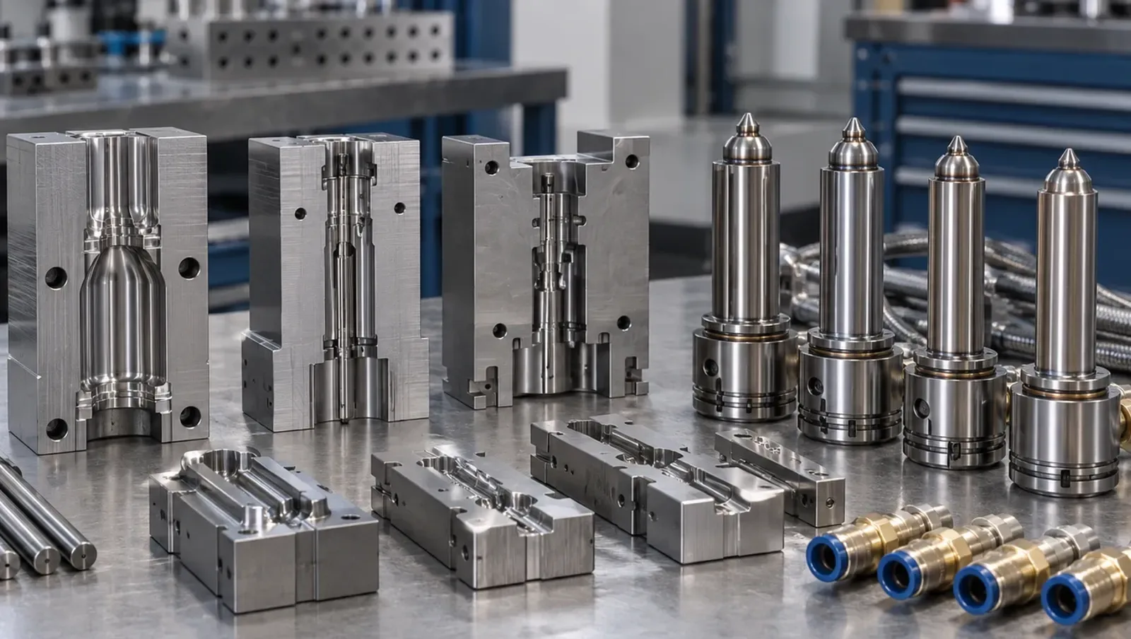Illustrative precision mold inserts, nozzles and cooling connectors