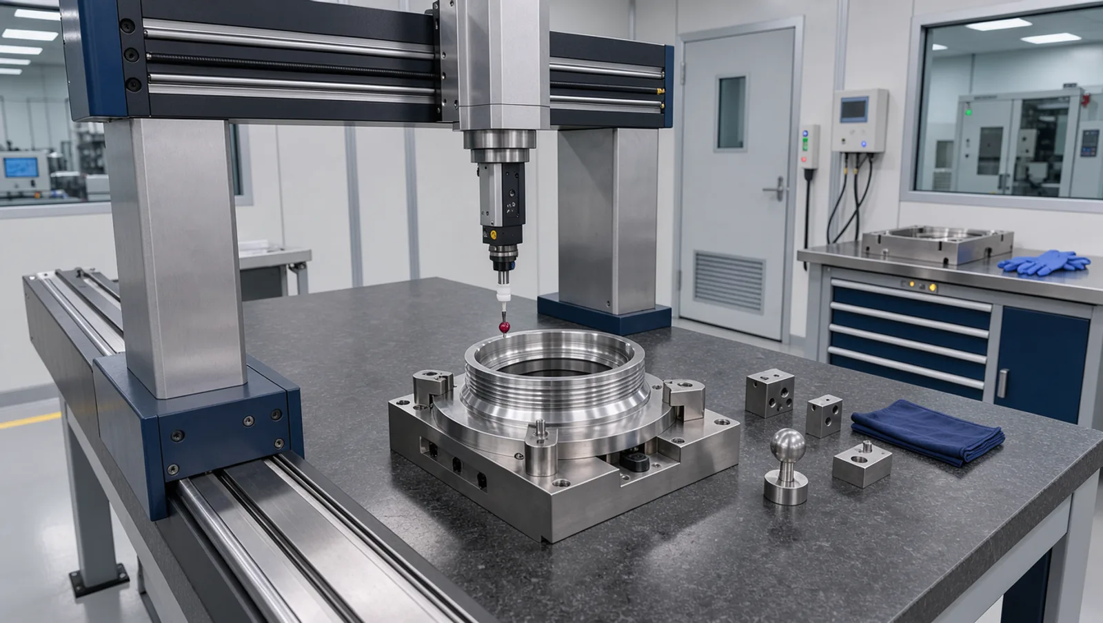 Coordinate measuring machine inspecting a preform mold neck ring in a QC lab