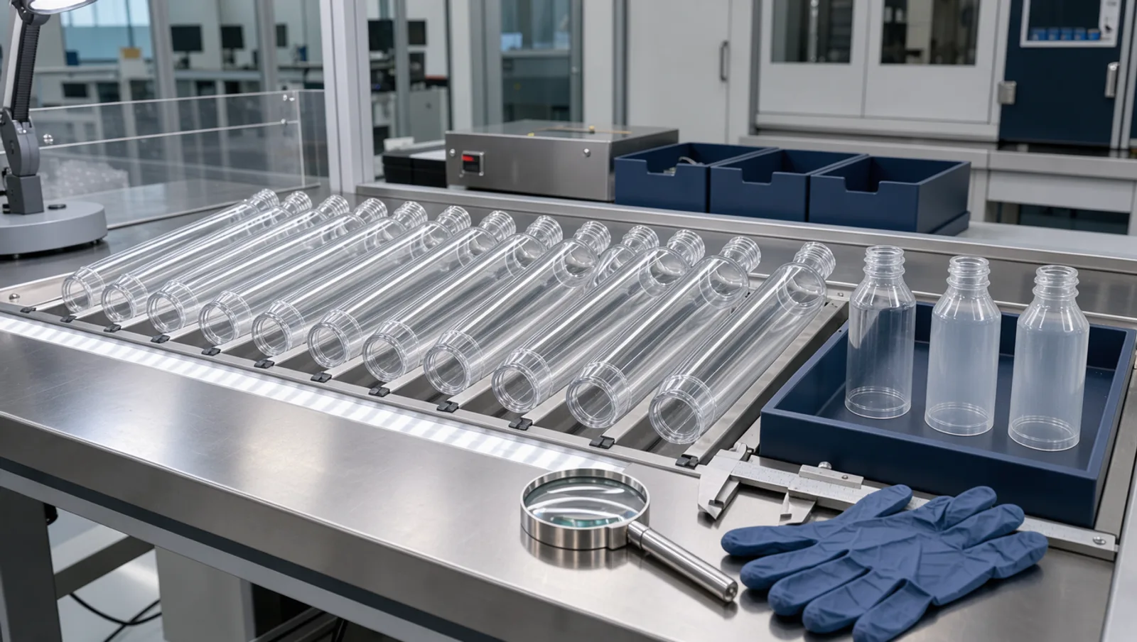 Row of transparent PET preforms on a lit inspection table with a magnifier and calipers