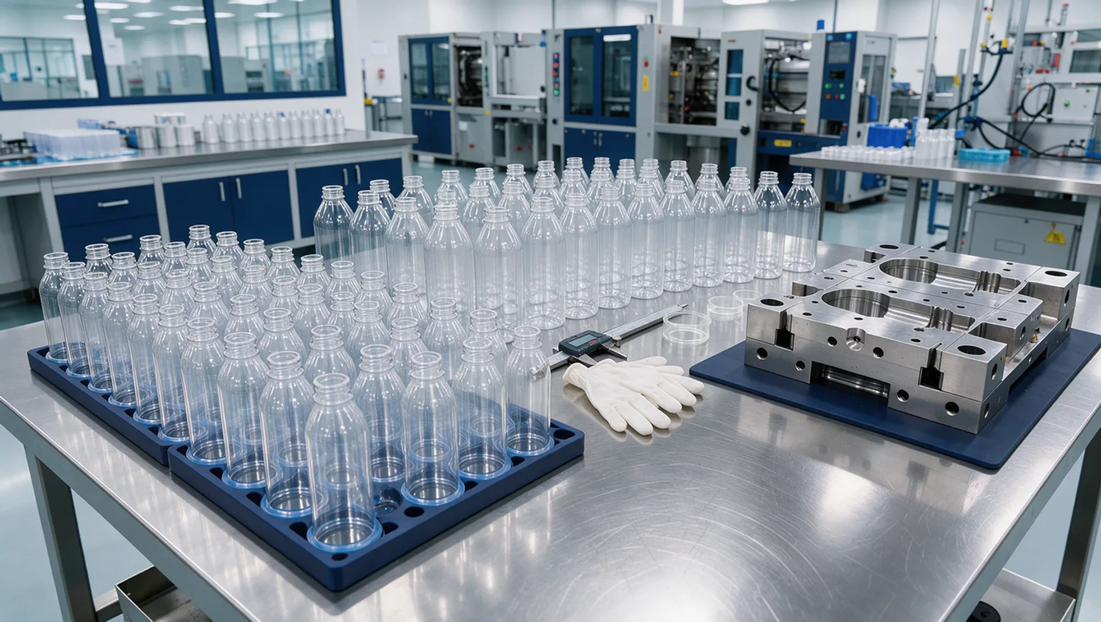 Clear PET preforms and bottles on an inspection table next to a steel mold component