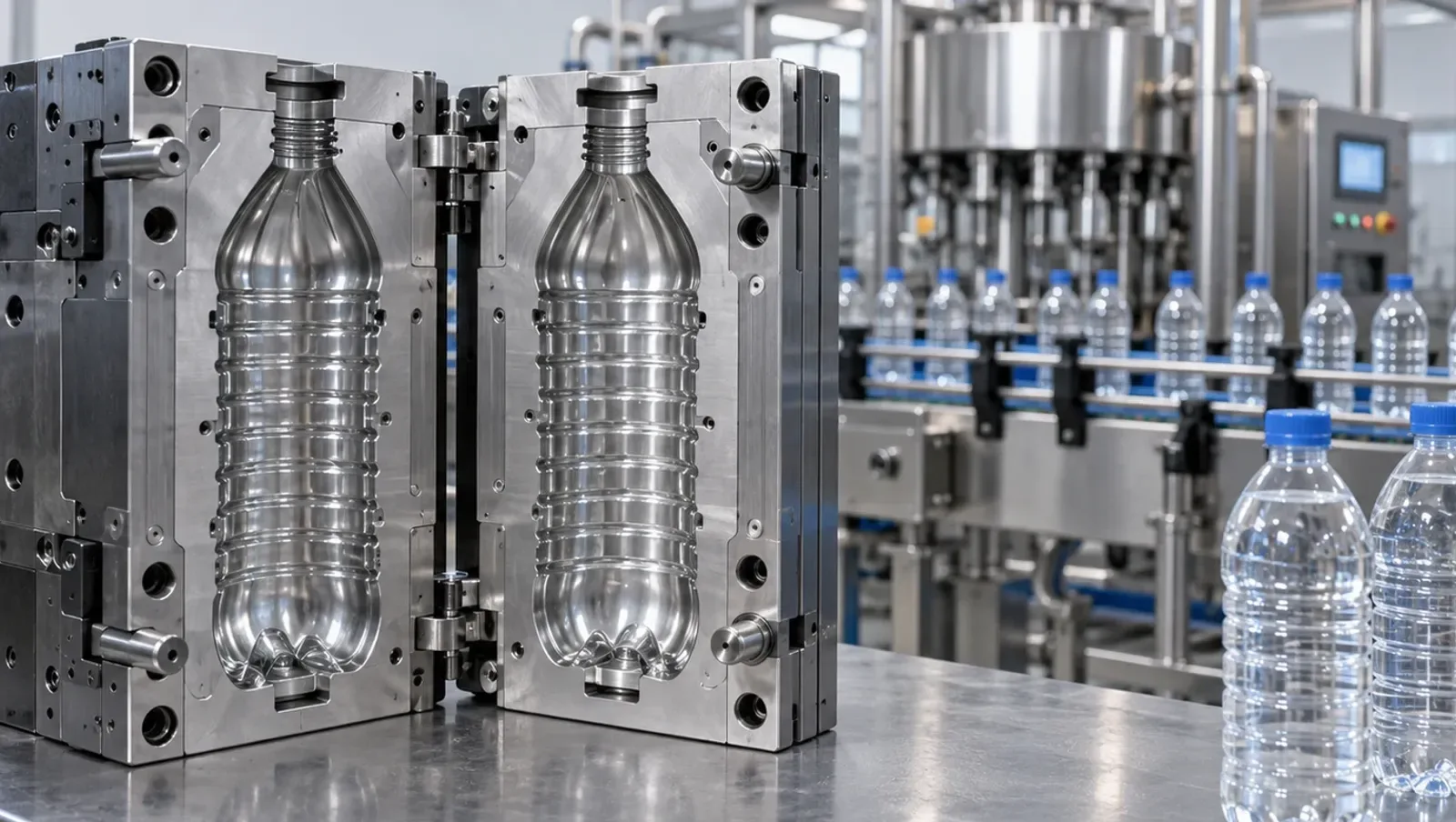 Illustrative PET blow mold and downstream bottle production equipment